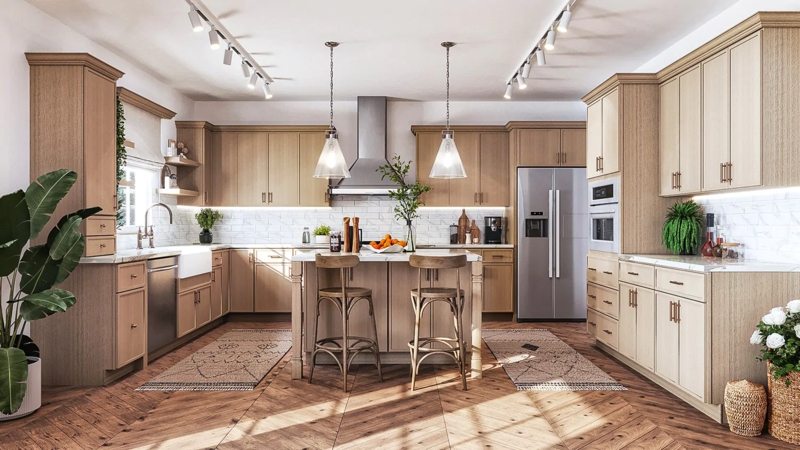 Slim Shaker Profile Kitchen Cabinets with Herringbone Floor