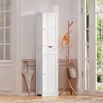 Slim White Beadboard Storage Cabinet with Central Drawer