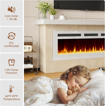 Slim White Electric Fireplace Recessed Mount Quiet Operation