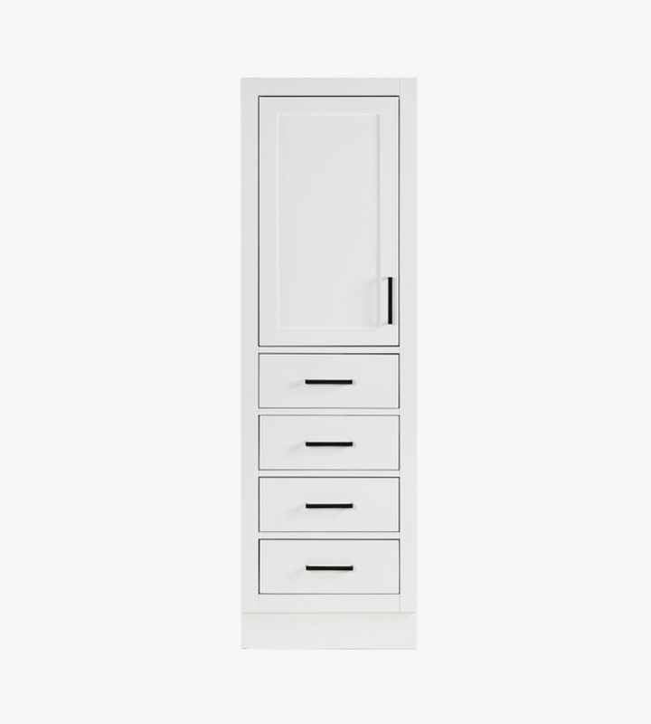 Slim White Linen Cabinet with Four Drawers and Matte Black Pulls