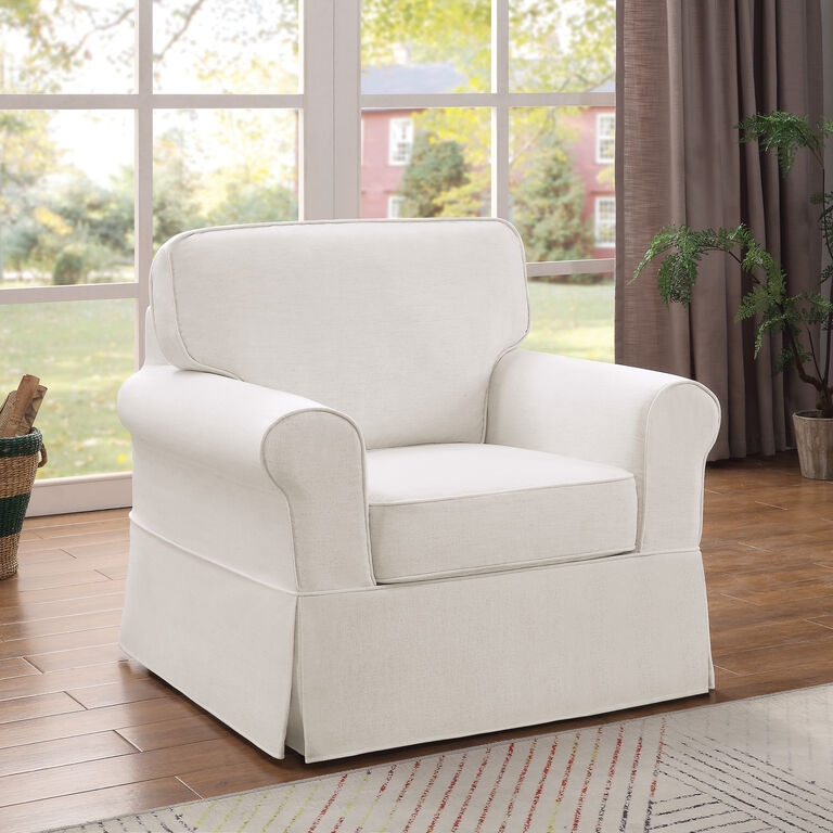 Slipcovered Armchair Ivory Linen Look Skirted Base T-Cushion