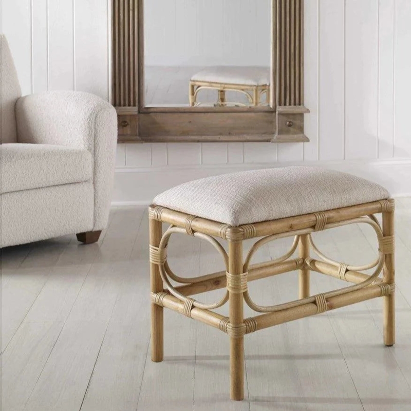 Small Bench Rattan Wrapped Joints Ivory Textured Upholstery