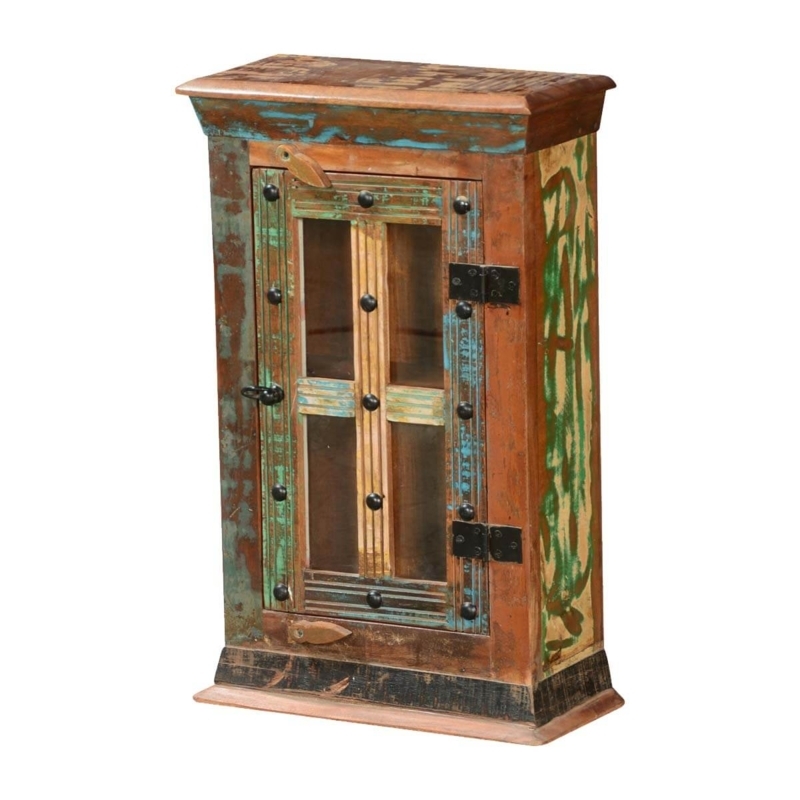 Small Cabinet Reclaimed Wood Distressed Multi Color Patina Metal Studs