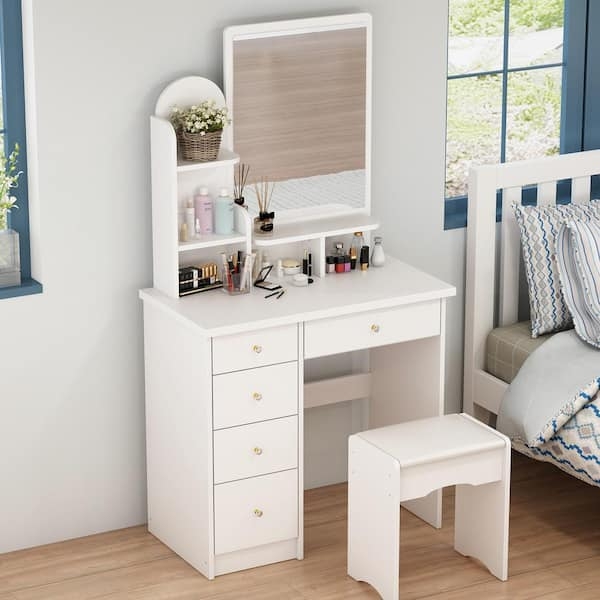 Small Makeup Vanity Tiered Shelving 5 Drawers Gold Hardware Mirror Stool