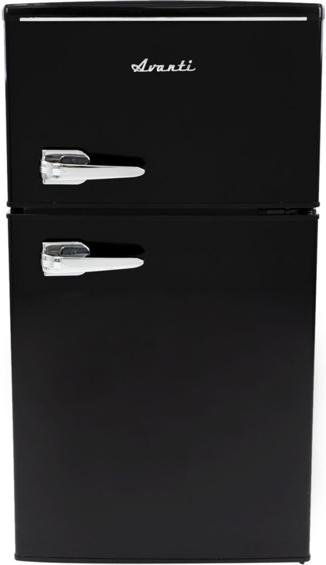 Small Refrigerator Two Door in Glossy Black with Chrome Handles