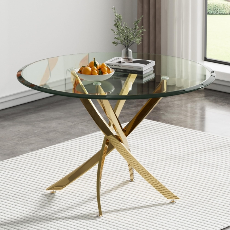 Small Round Dining Table with Polished Gold Ribbed Texture Legs