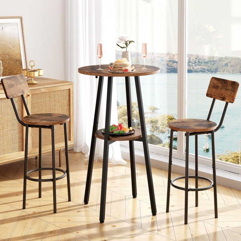 Small Round Pub Set Walnut Brown Integrated Shelf Open Back Stools