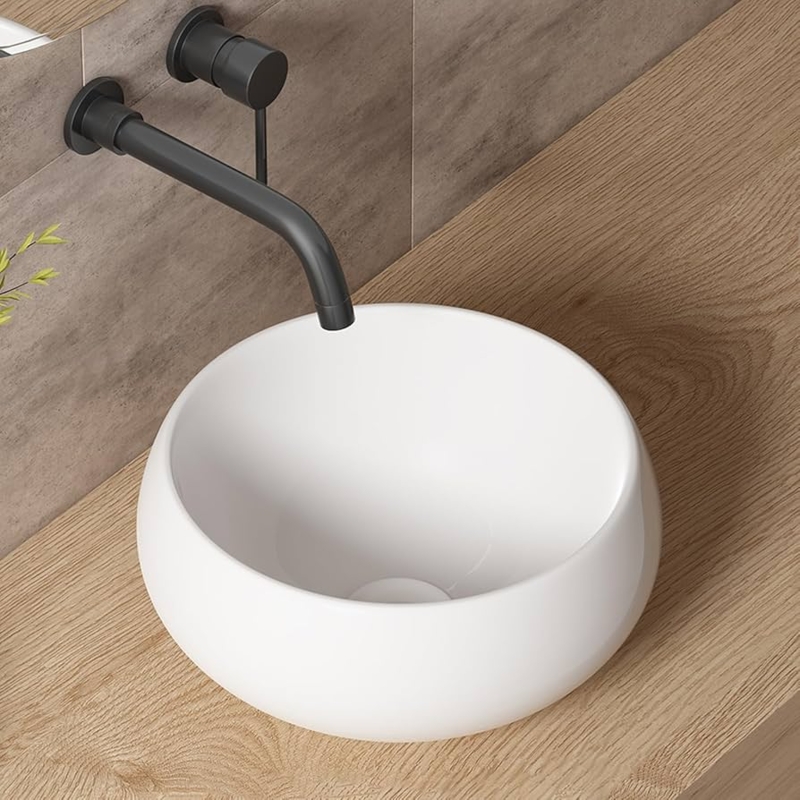 Small Round Vessel Sink: Matte White Porcelain Compact Basin