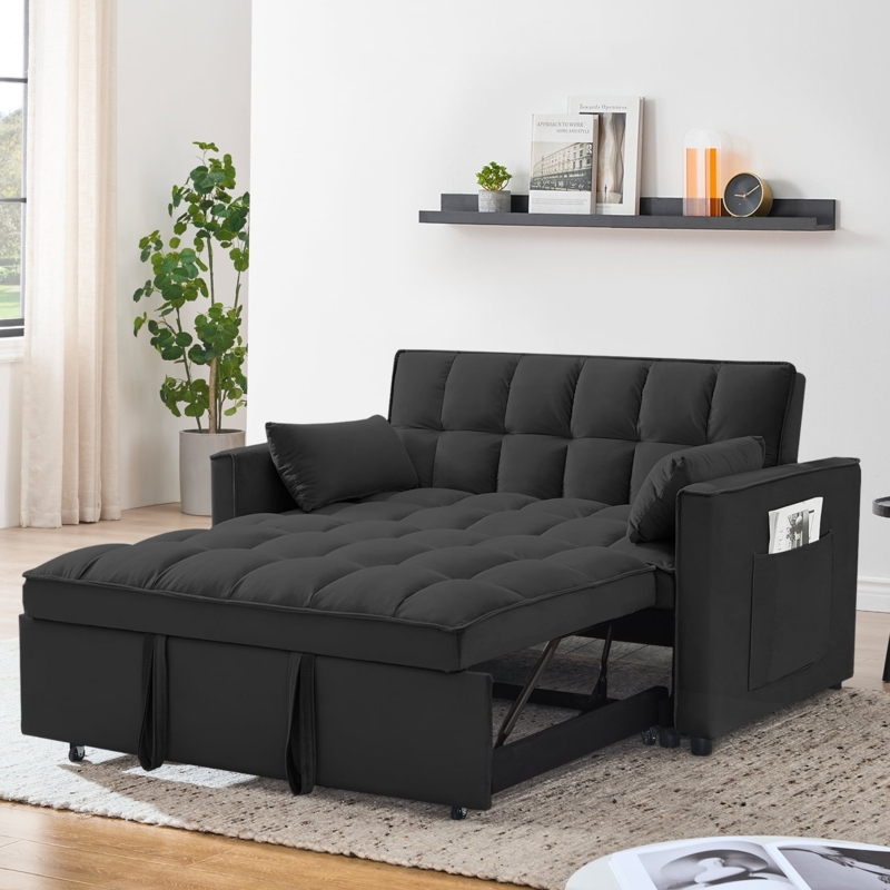 Small Space Sleeper Sofa in Charcoal Black Tufted Fabric