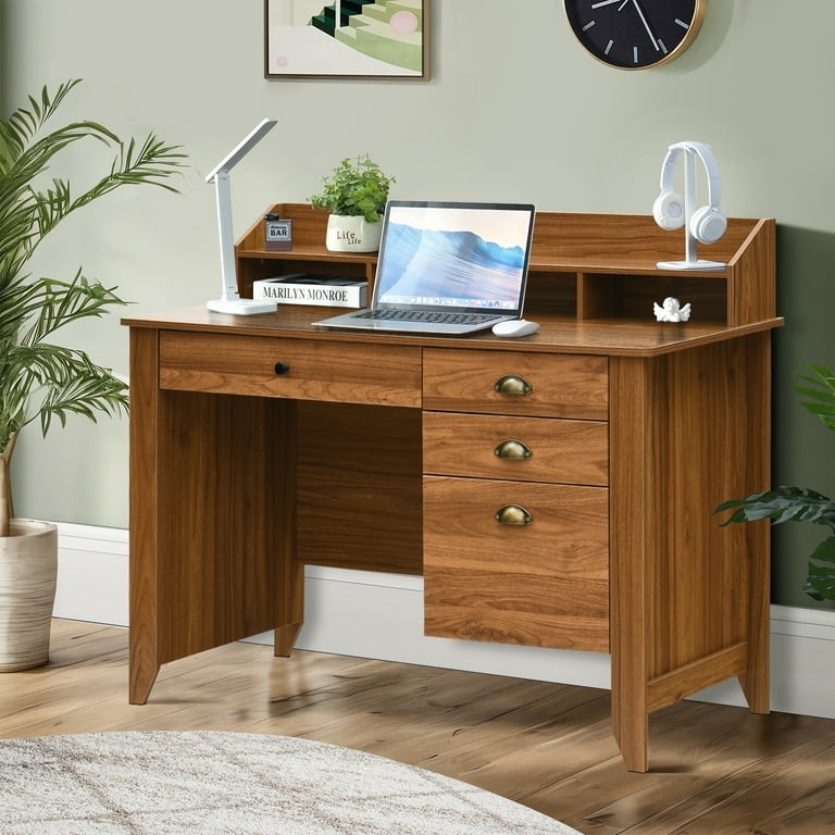 Small Space Storage Desk Hutch: Rustic Brown Monitor Riser Cup Pulls