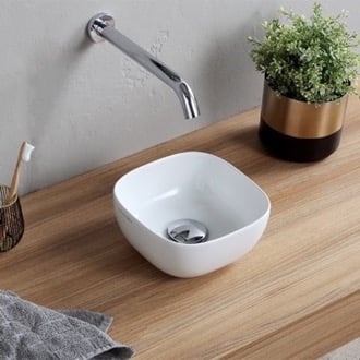 Small Square Vessel Sink: White Ceramic Wall Mount Faucet