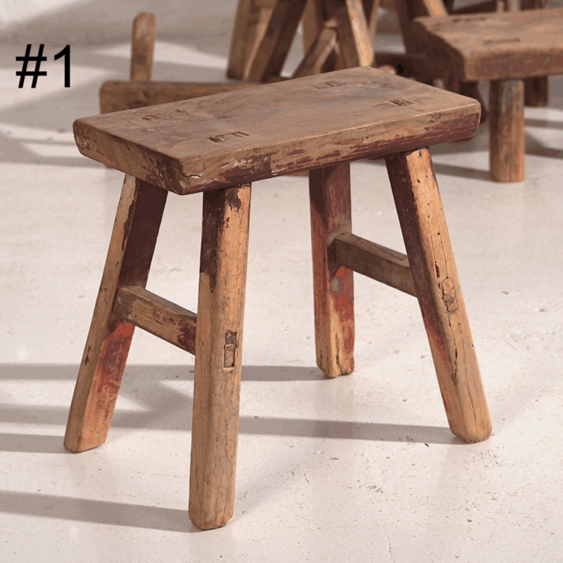 Small Stool Antique Rectangular Weathered Red Accents Exposed Joinery Primitive