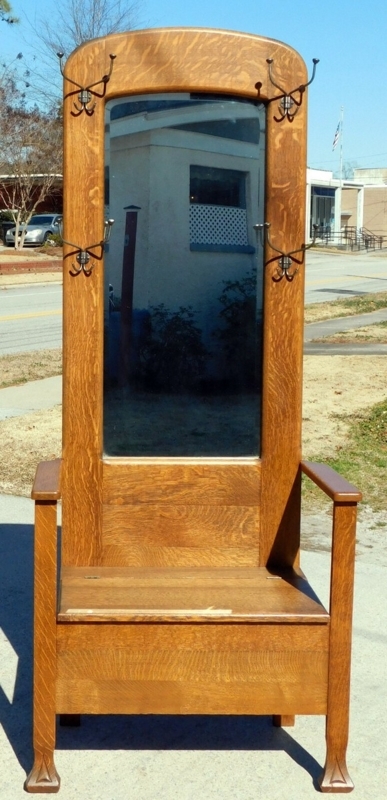 Small Tiger Oak Hall Tree w/ Mirror and Lift Seat | eBay
