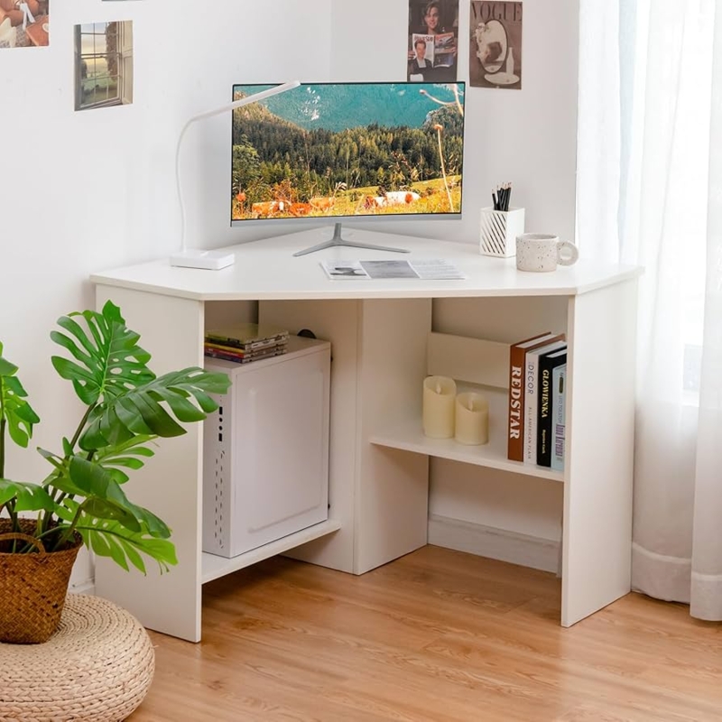Small Triangular Corner Desk with CPU Stand and Open Shelving