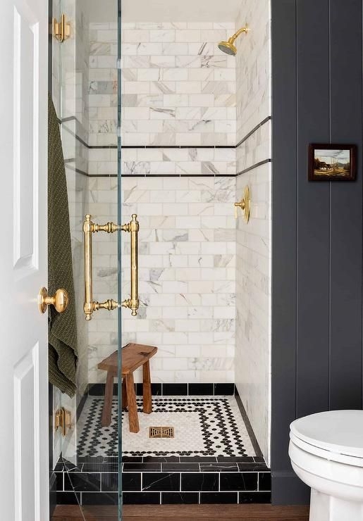 Small Walk In Marble Shower with Black Pencil Tiles - Transitional -  Bathroom