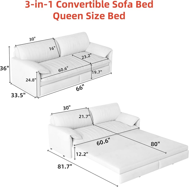 Sofa Bed Beige Velvet Loveseat with Pillow Top Arms and Queen Extension