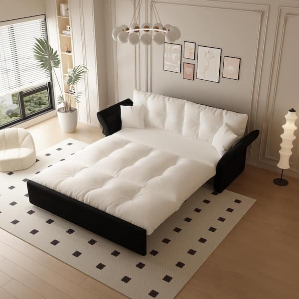 Sofa Bed Beige Velvet with Tufted Cushions and Matte Black Frame