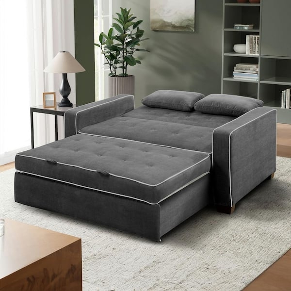 Sofa Bed Charcoal Grey With White Piping Detail