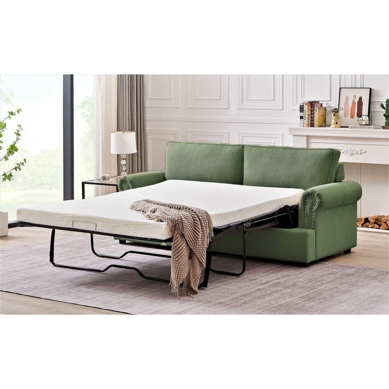 Sofa Bed Dark Green Ribbed Texture Nailhead Trim