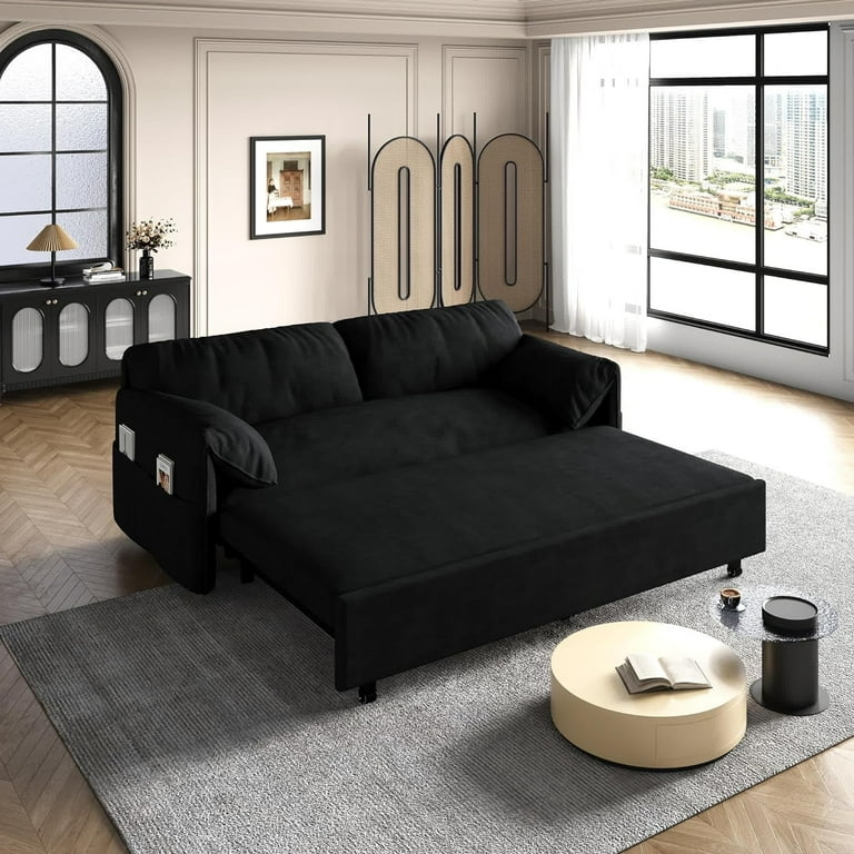 Sofa Bed Matte Black Velvet with Storage Side Pockets and Pull Out