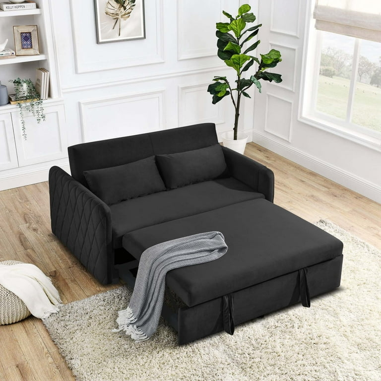 Sofa Bed with Diamond Quilted Arms in Matte Black Velvet