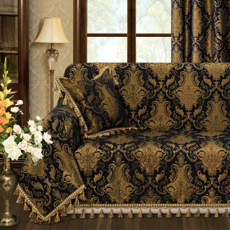 Sofa Cover Black Gold Damask Pattern Bullion Fringe Baroque