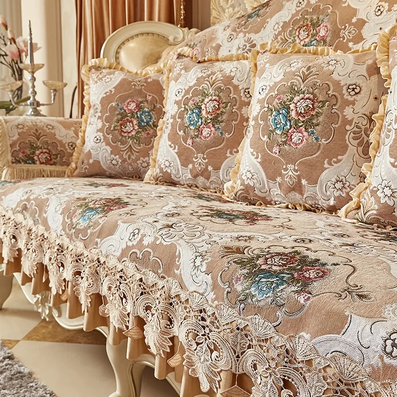 Sofa Cover Champagne Jacquard Floral Embroidery Scalloped Lace Trim