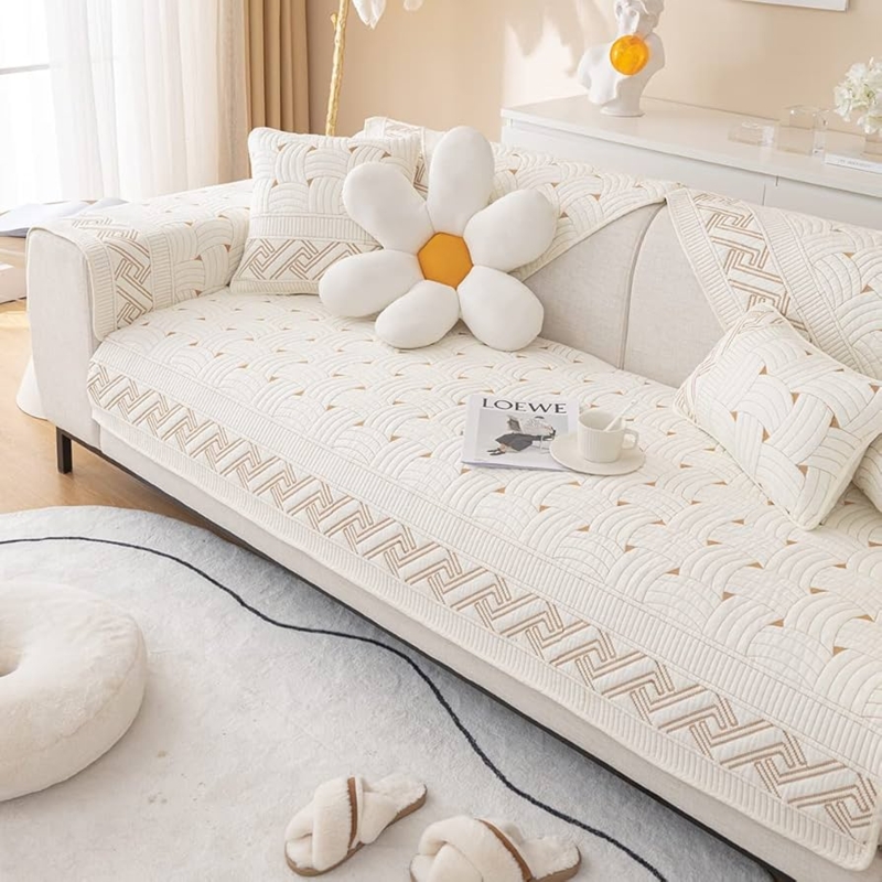 Sofa Cover Ivory Quilted Weave Pattern Farmhouse Sectional