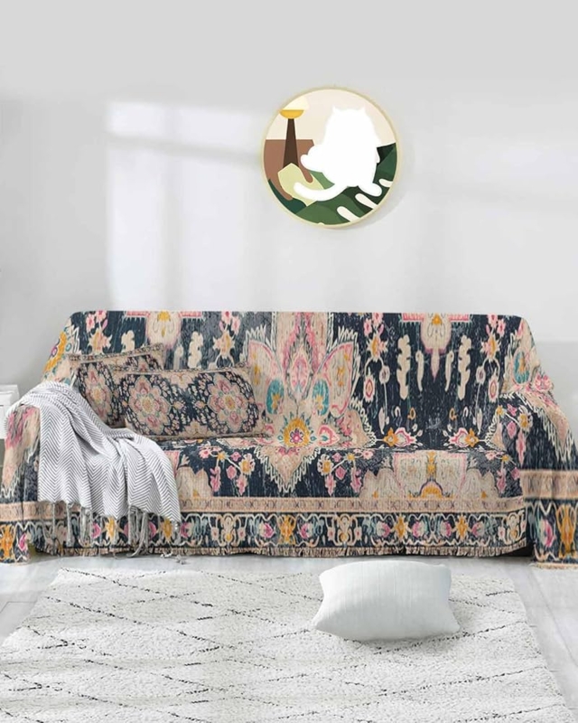 Sofa Cover Multicolor Floral Print Fringed Border Boho Chic Throw