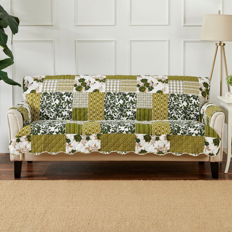 Sofa Cover Sage Olive Green Patchwork Pattern Scalloped Edges Quilted