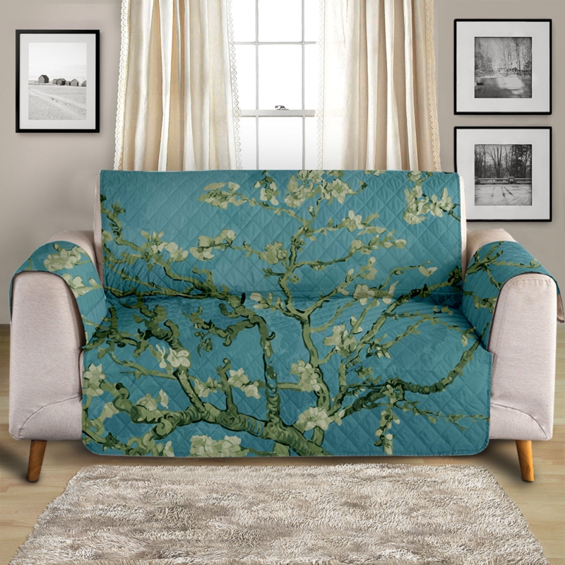 Sofa Cover Teal Almond Blossom Print Diamond Quilting Coastal