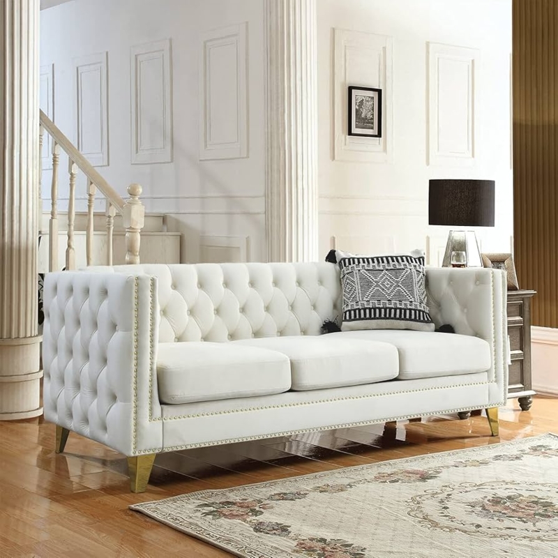 Sofa: Gold Accented Beige Upholstery with Tapered Metal Legs