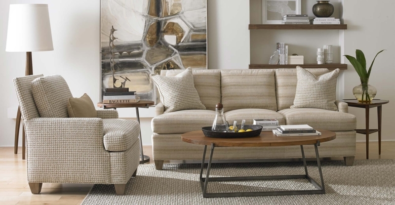 Sofa Horizontal Stripes Warm Beige Tapered Legs Mid-Century Influence