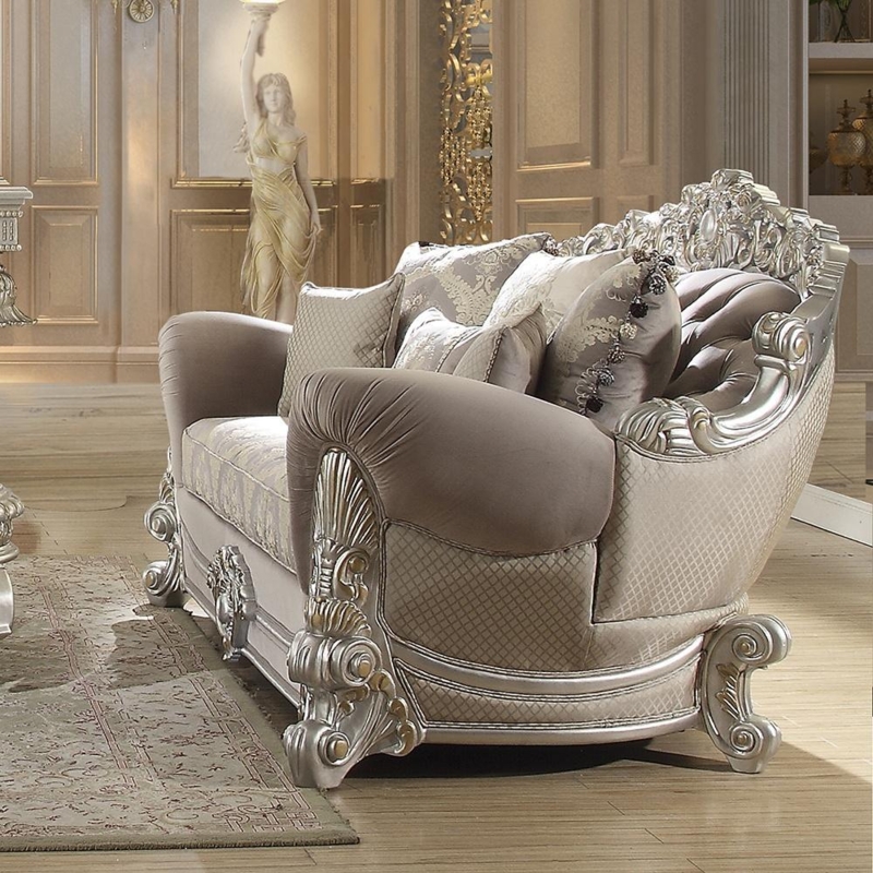 Sofa Ornate Carved Frame Diamond Tufted Metallic Silver
