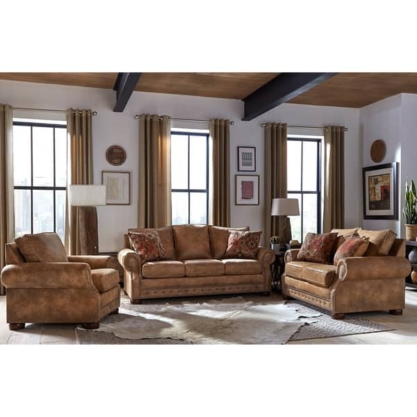 Sofa Set Buckskin Texture Nailhead Trim Rolled Arms Rustic Brown