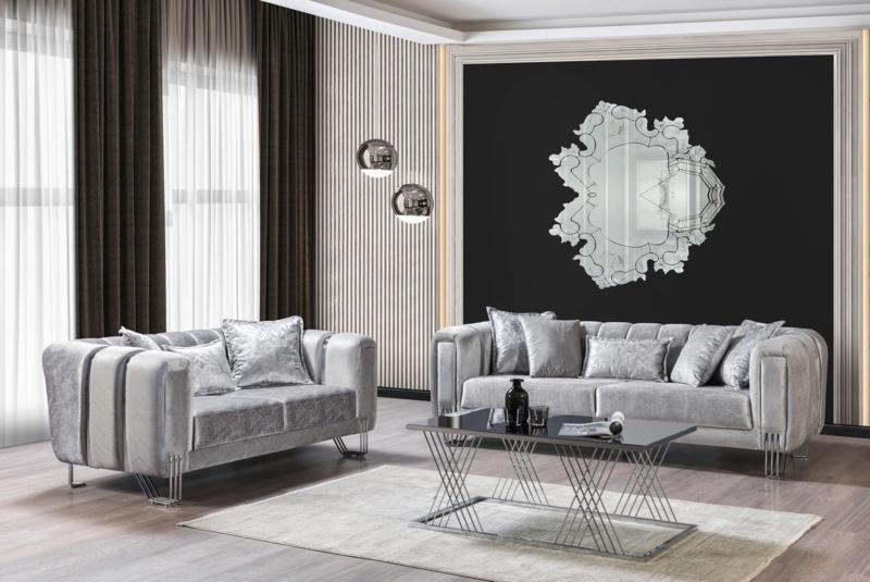 Sofa Set Channel Tufted Sides Chrome Geometric Legs