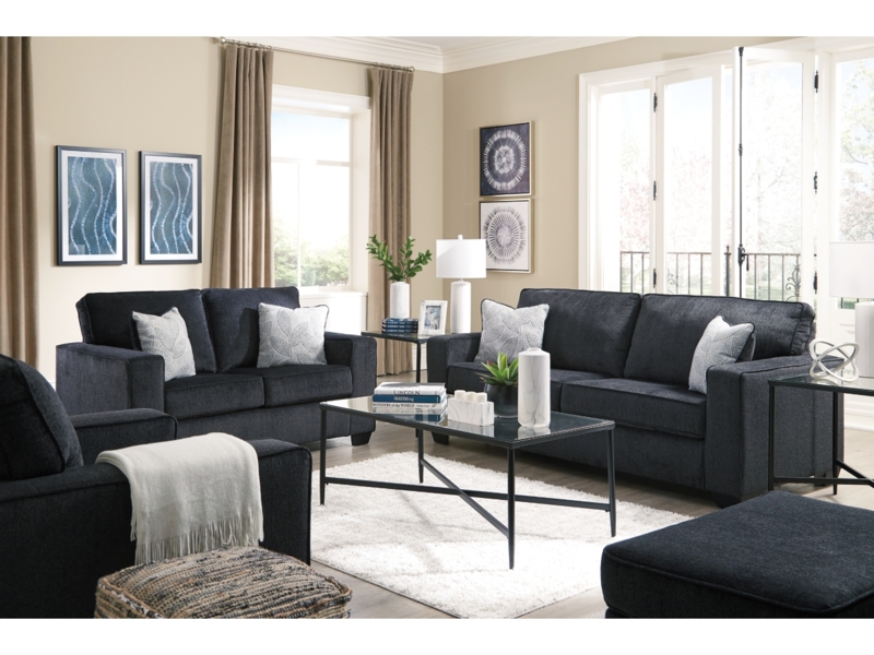 Sofa Set Glass Top Tables Charcoal Gray Track Arms Contemporary