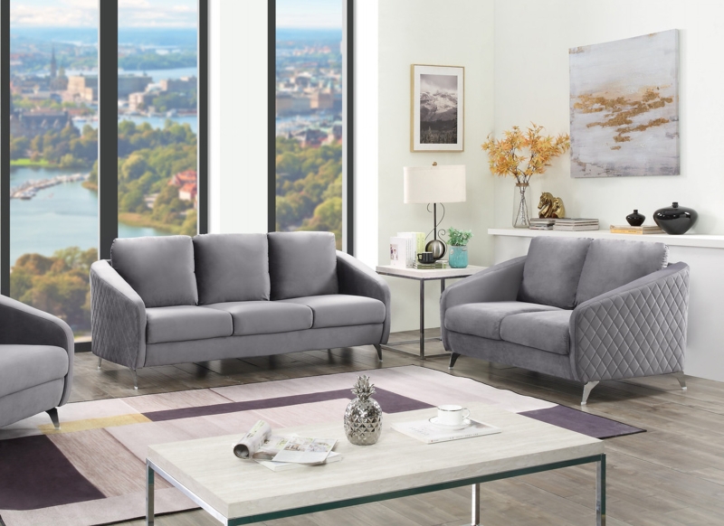 Sofa Set Gray Velvet Diamond Quilted Sides Tapered Chrome Legs
