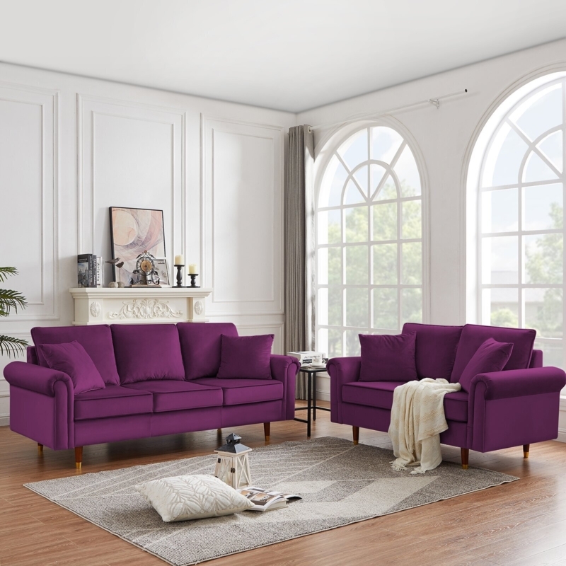 Sofa Set in Velvet with Tapered Wooden Legs and Gold Caps