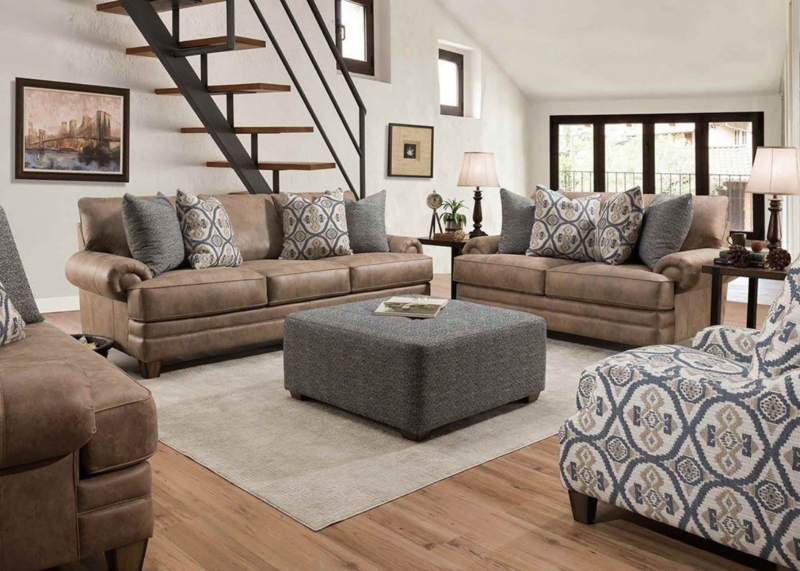 Sofa Set Medallion Pattern Accents Oversized Square Ottoman Cocoa Brown