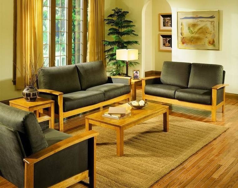 Sofa Set Mission Style Forest Green Upholstery Exposed Wood Frame Honey