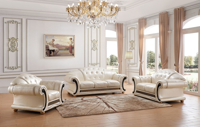 Sofa Set: Neoclassical Pearl White Furniture with Greek Key Border