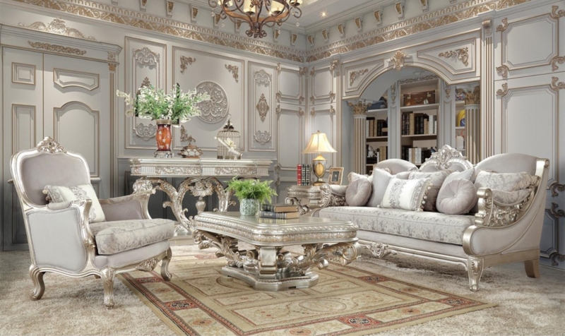 Sofa Set Ornate Scroll Carvings Metallic Silver Finish