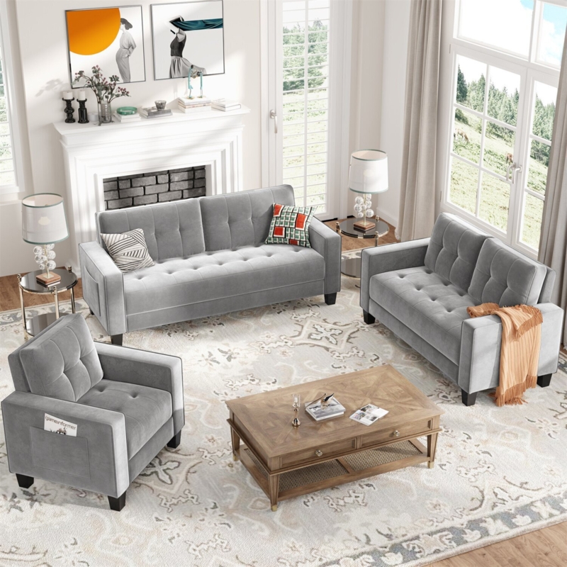 Sofa Set Side Storage Pockets Button Tufting Silver Grey