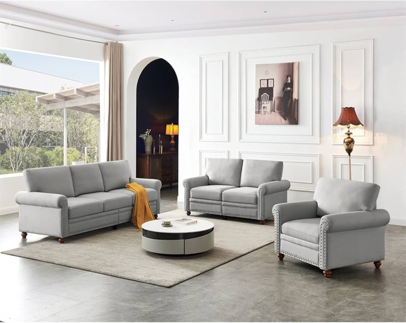 Sofa Set Silver Nailhead Trim Light Gray Rolled Arms Traditional Style
