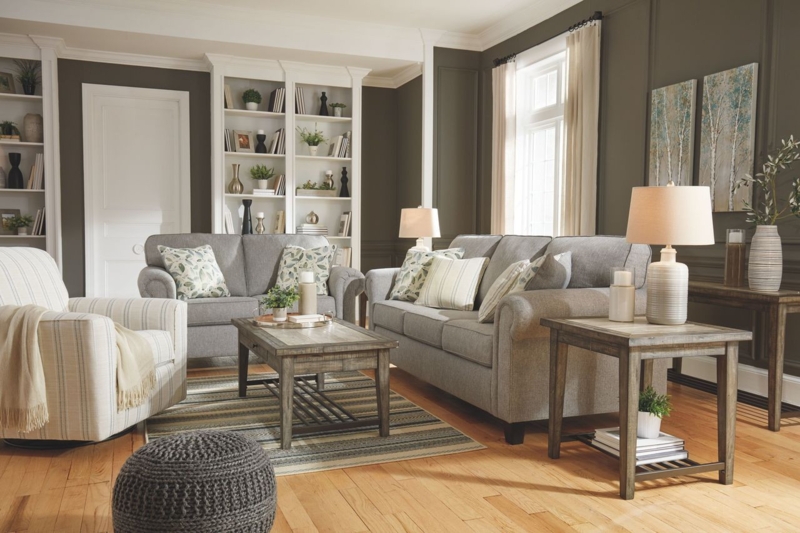 Sofa Set Slate Gray Rolled Arms Striped Accent Chair Weathered Wood