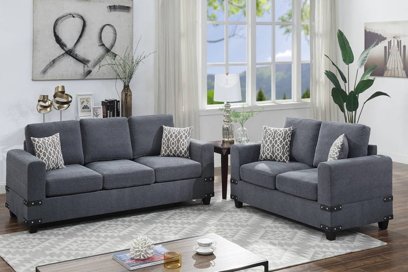 Sofa Set Studded Straps Charcoal Fabric Square Arms Industrial Style
