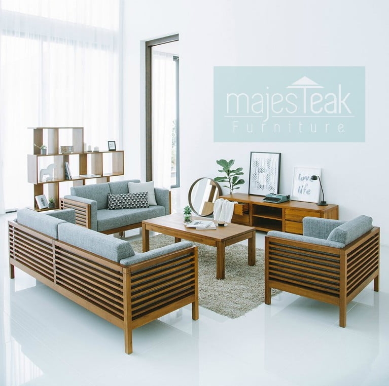 Sofa Set Teak Stripe Design Mid Century Modern Light Grey Upholstery