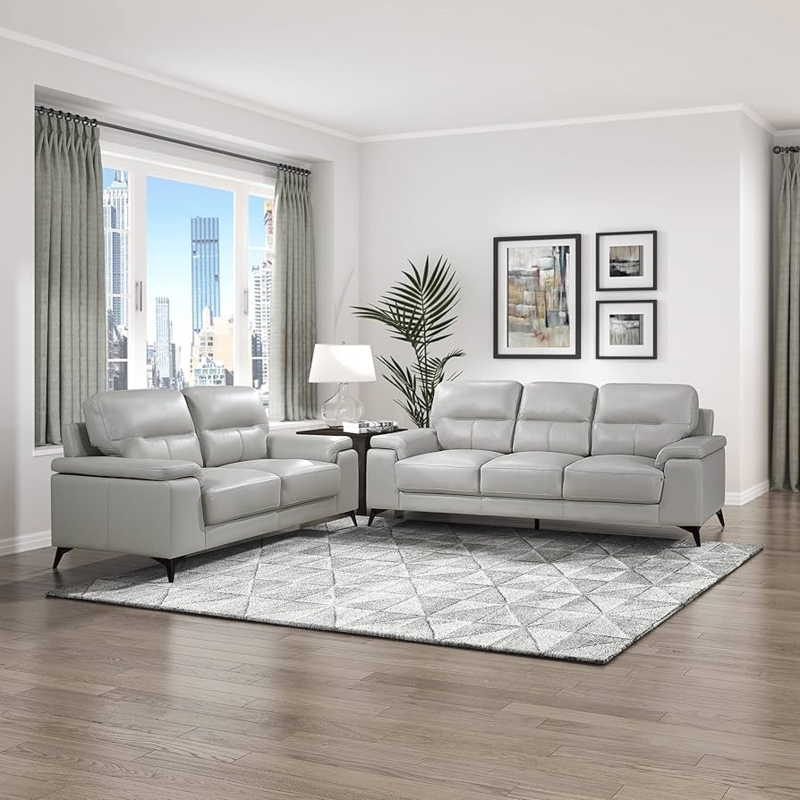 Sofa Set Top Grain Leather Tapered Black Legs Silver Gray
