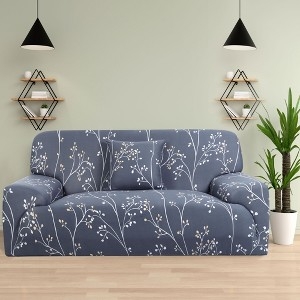Sofa Slipcover Blue Grey Botanical Branch Print Stretch Fit